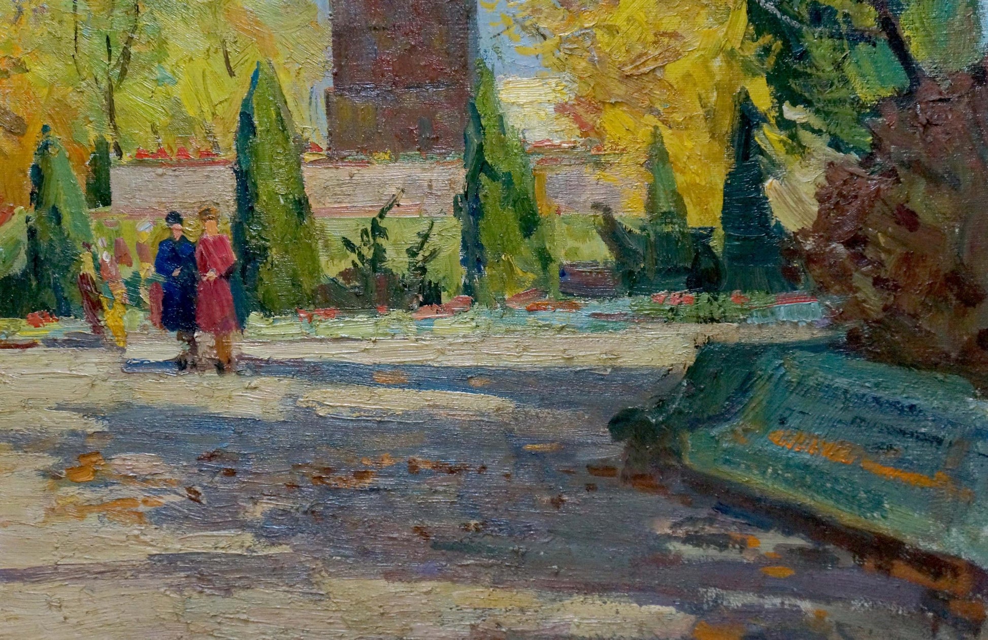 Impressionist oil painting by Kogan-Shats: figures on sun-dappled path with cypresses
