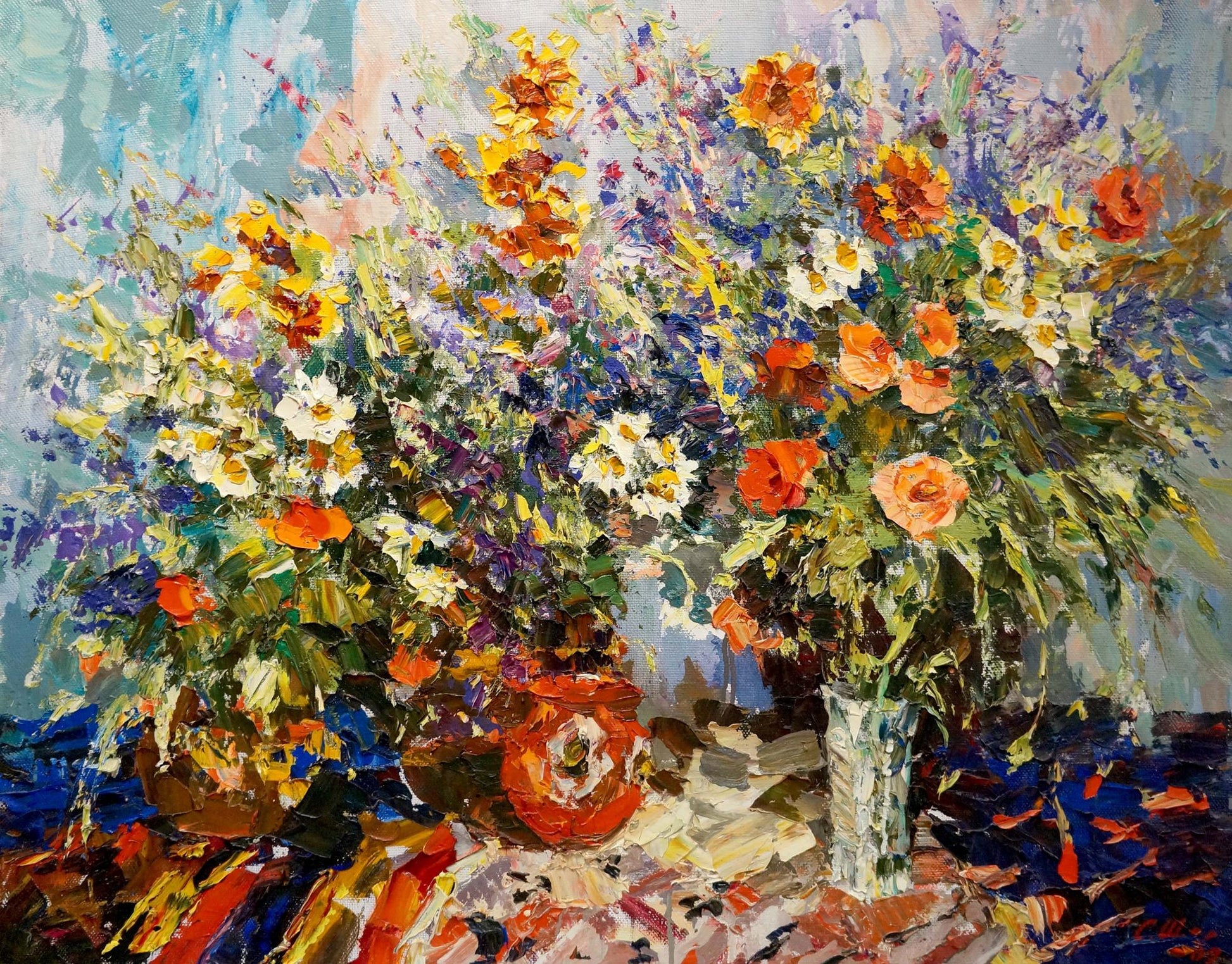 Vibrant impressionist oil painting of floral bouquet in orange and white vases by Sergey Shapovalov
