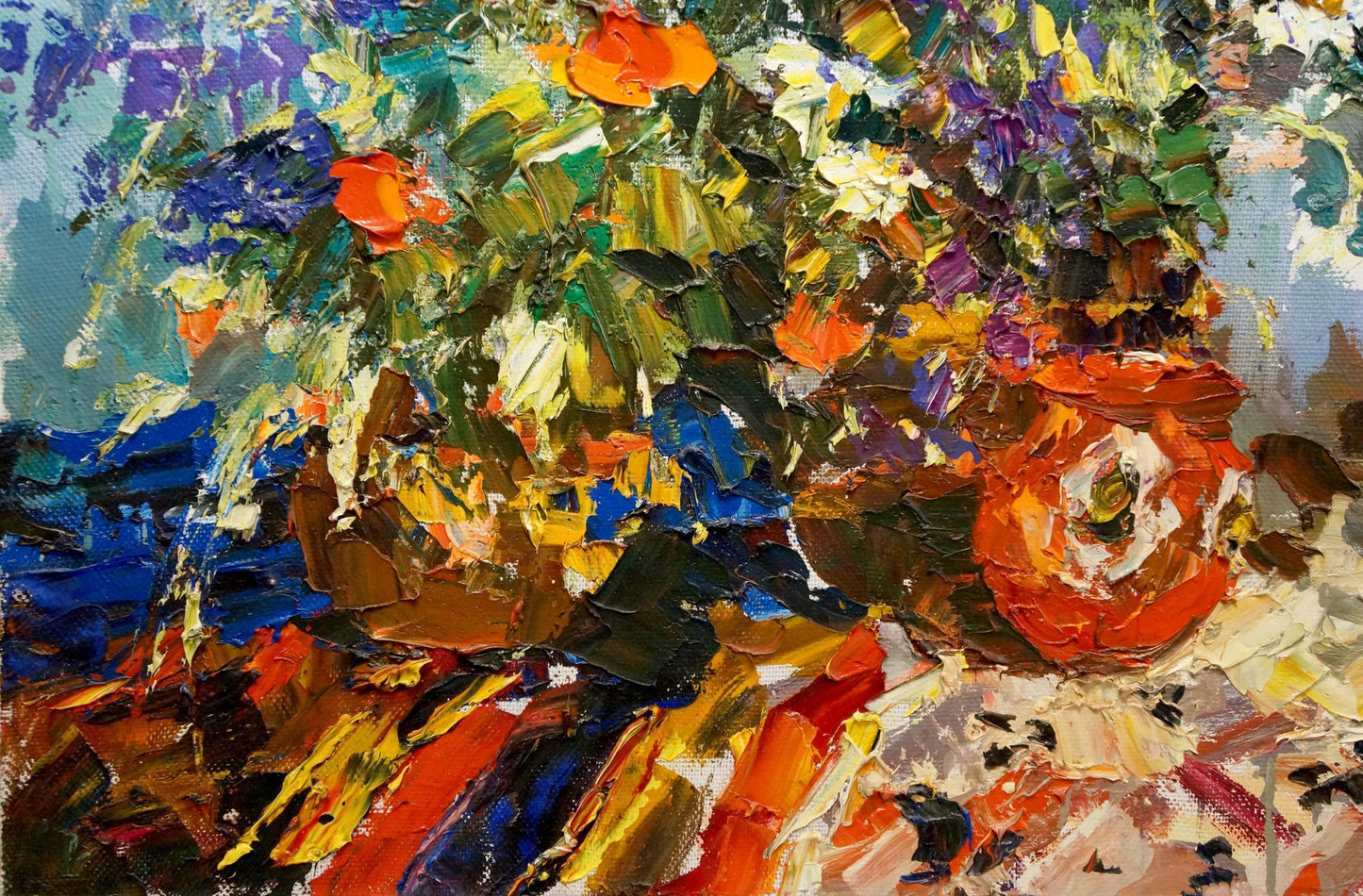 Vibrant impressionist oil painting of colorful floral bouquet in vase by Sergey Shapovalov