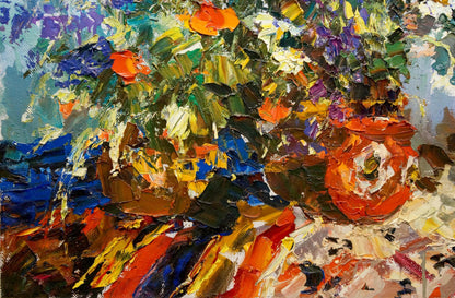 Vibrant impressionist oil painting of colorful floral bouquet in vase by Sergey Shapovalov
