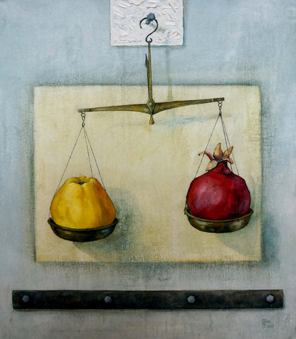 Abstract oil painting Libra by Vladimir Gusev: vintage brass scale with yellow fruit and pomegranate