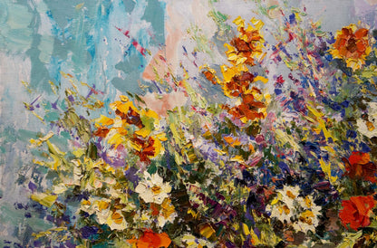 Vibrant impressionist oil painting of floral bouquet with vase by Sergey Shapovalov