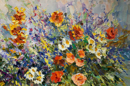 Vibrant impressionist oil painting of floral bouquet with vase by Sergey Shapovalov