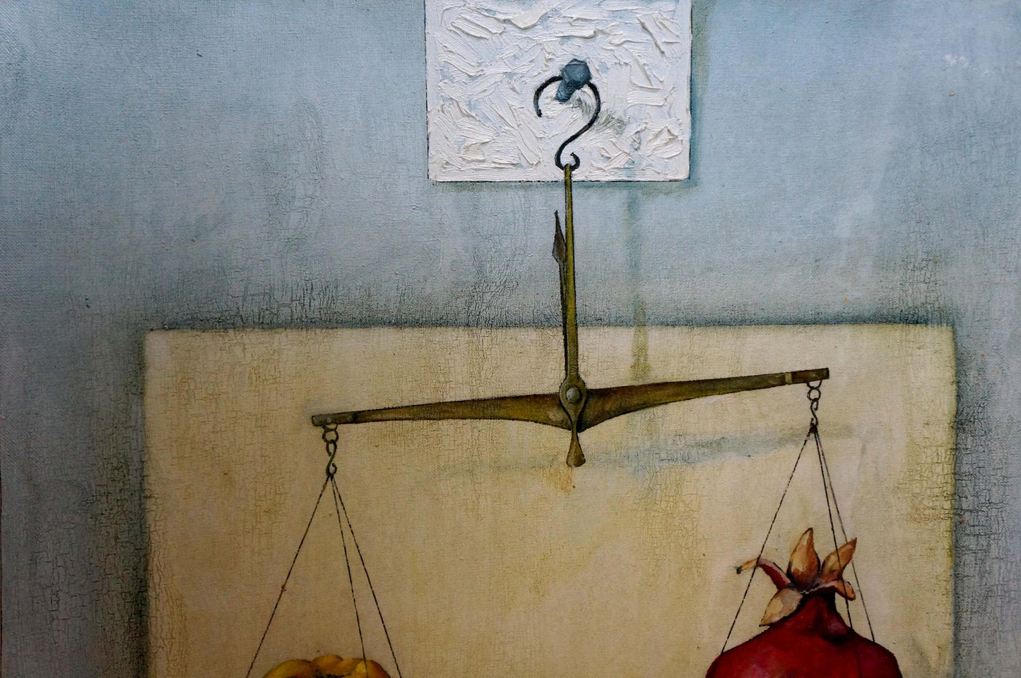 Vintage brass Libra scale with hook over pomegranates, Gusev oil painting