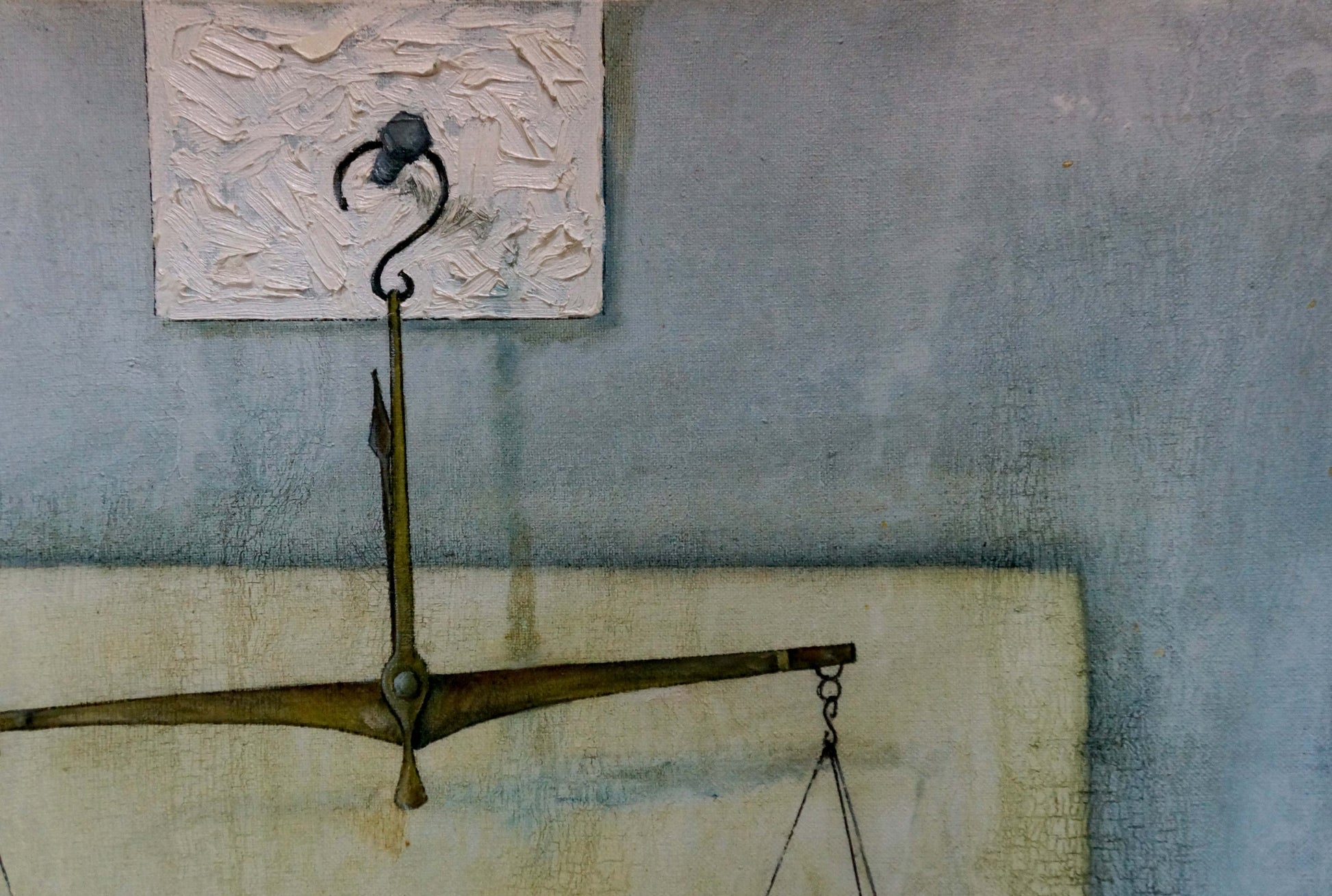 Abstract oil painting of vintage brass Libra scale by Vladimir Gusev