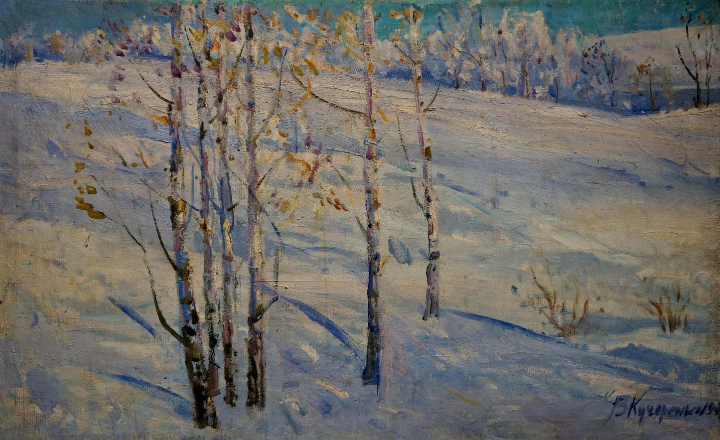 Oil painting by Kucherenko Vladimir Vladimirovich: snowy birch landscape