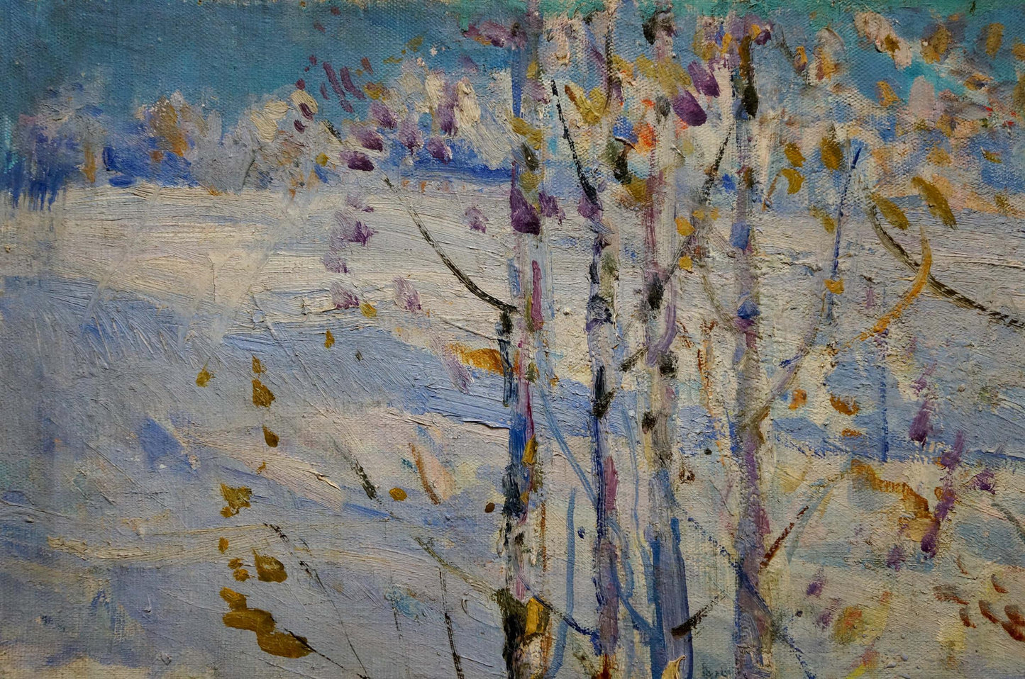 Oil painting by Kucherenko Vladimir Vladimirovich: impressionist birch trees in snowy landscape