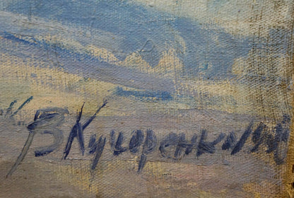 Blue and yellow Kucherenko Vladimir signature on winter landscape oil painting canvas