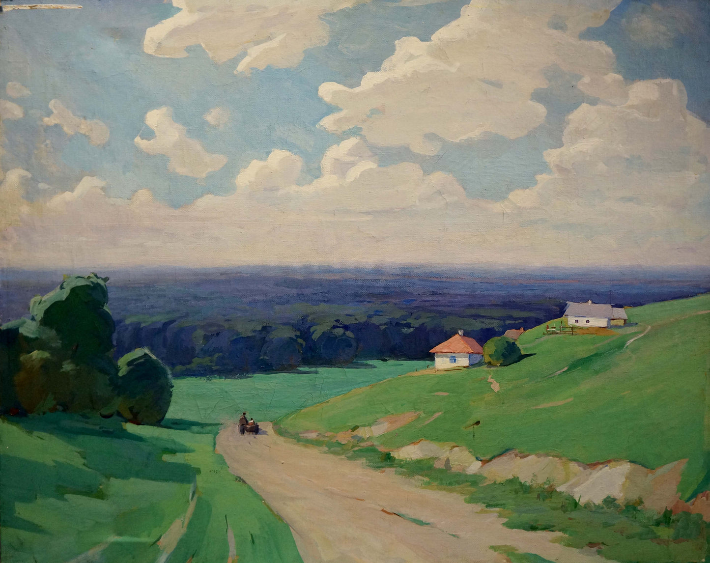 Oil painting of houses amongst trees, rolling green hills, path, cloudy sky