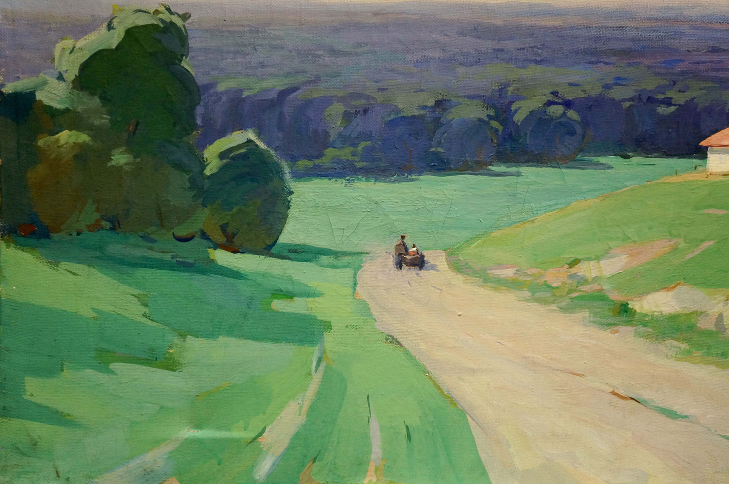 Serene oil painting of houses amongst trees, rolling hills, purple skies
