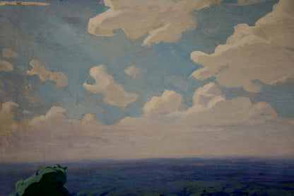 Serene oil painting of houses among trees under vast cloudy sky