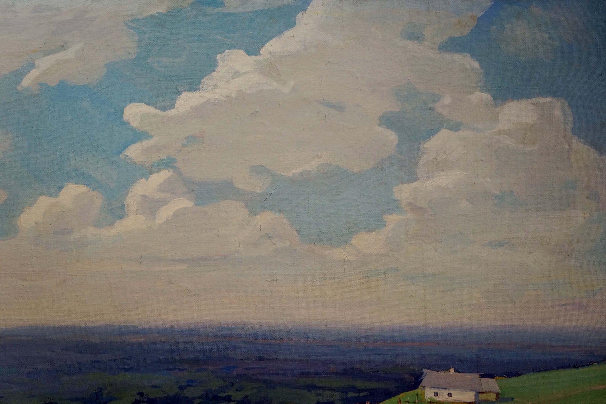 Serene oil painting of white house among trees on green hills under cloudy sky