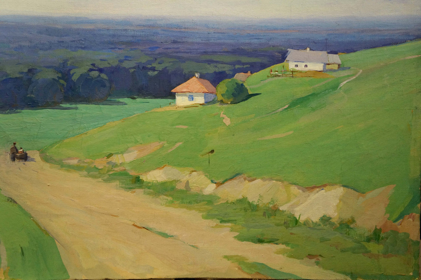 Oil painting of houses amongst trees by unknown artist, serene hills and cart