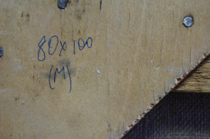 Back of oil painting Houses Amongst the Trees with screw marks and ink measurements