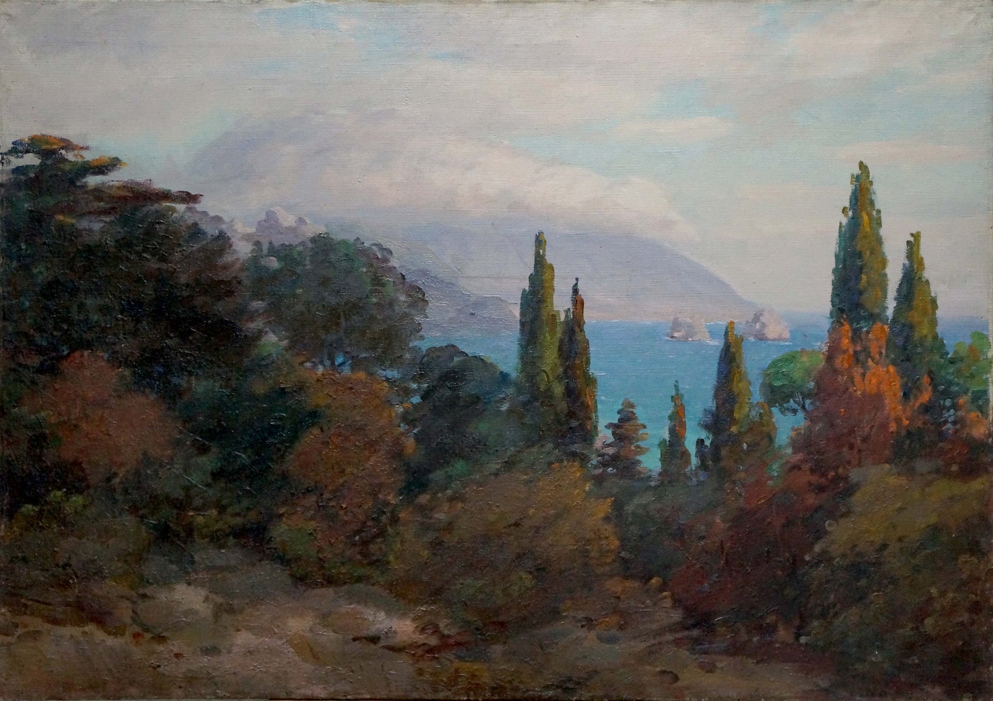 Oil painting Fog landscape by Kisel Ivan Gordeevich serene coastal cypress scene