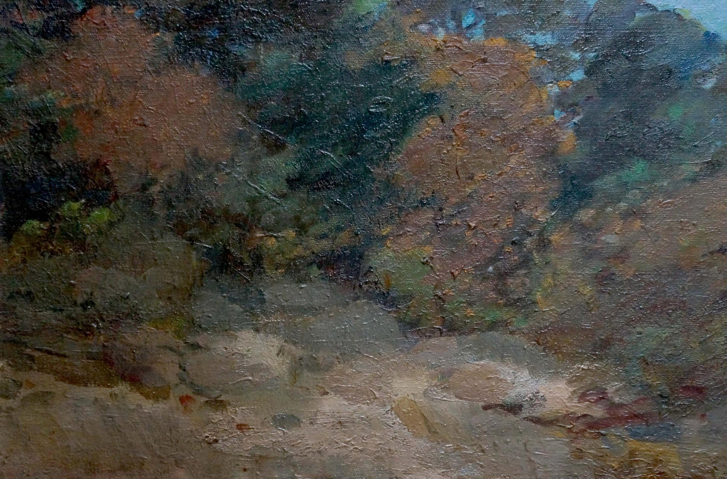 Textured oil painting of foggy forest landscape by Kisel Ivan Gordeevich