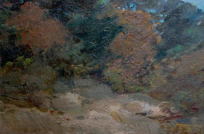 Textured oil painting of foggy forest landscape by Kisel Ivan Gordeevich