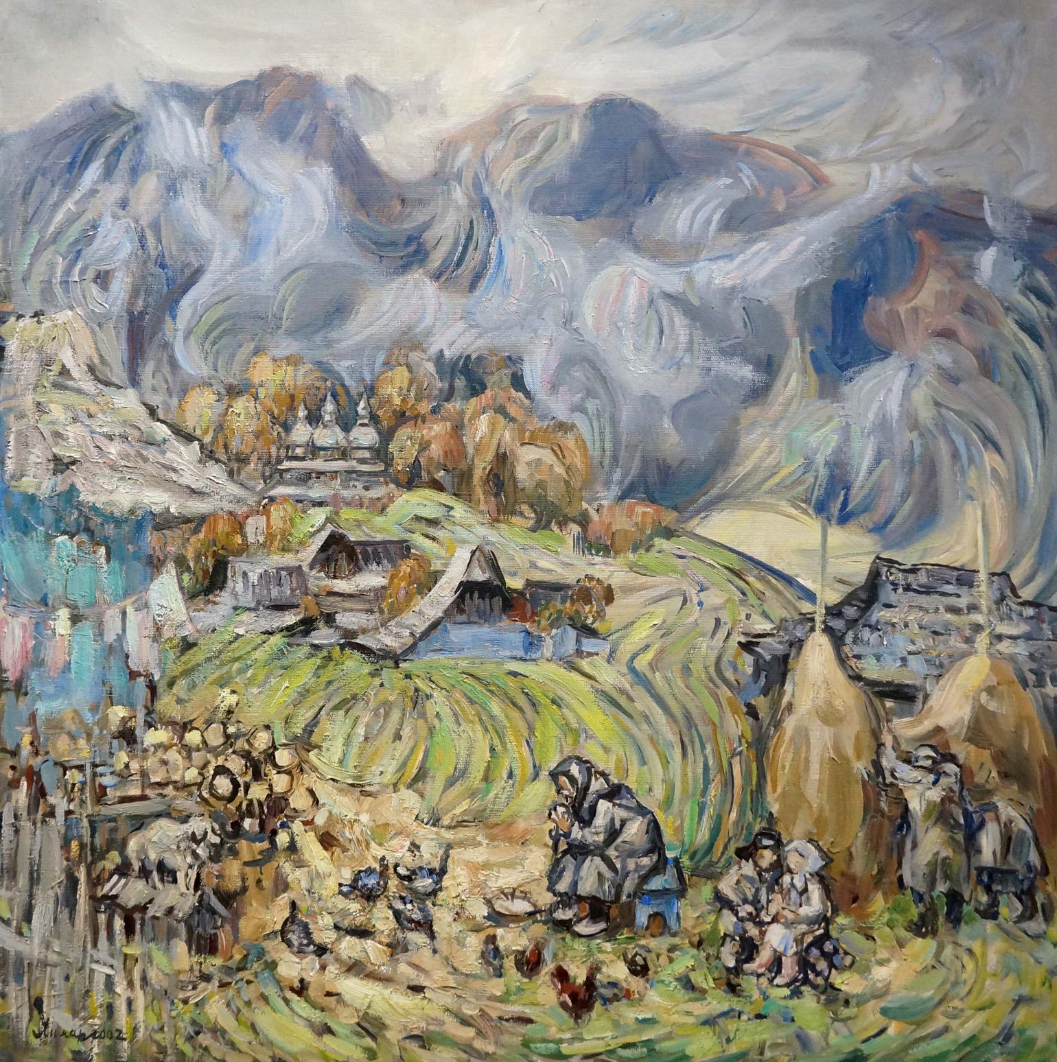 Vibrant abstract oil painting of rural mountain village with swirling skies and autumn trees