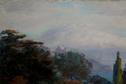 Oil painting Fog landscape by Kisel Ivan Gordeevich, impressionistic trees in muted greens and blues
