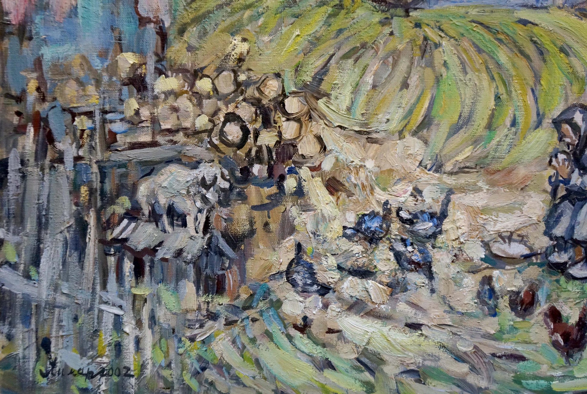 Abstract oil painting of vibrant impressionist rural landscape with figures and chickens