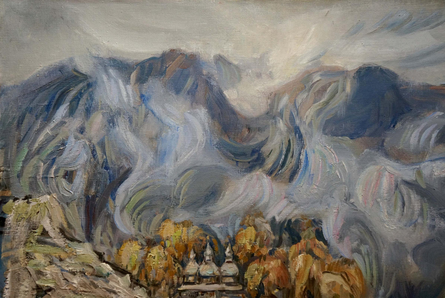 Abstract oil painting of rural landscape with swirling blue mountains and golden trees