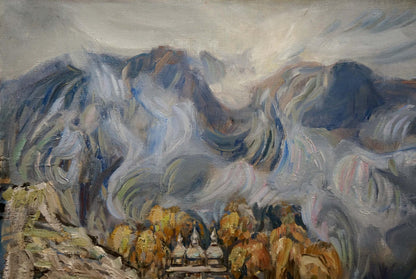Abstract oil painting of rural landscape with swirling blue mountains and golden trees