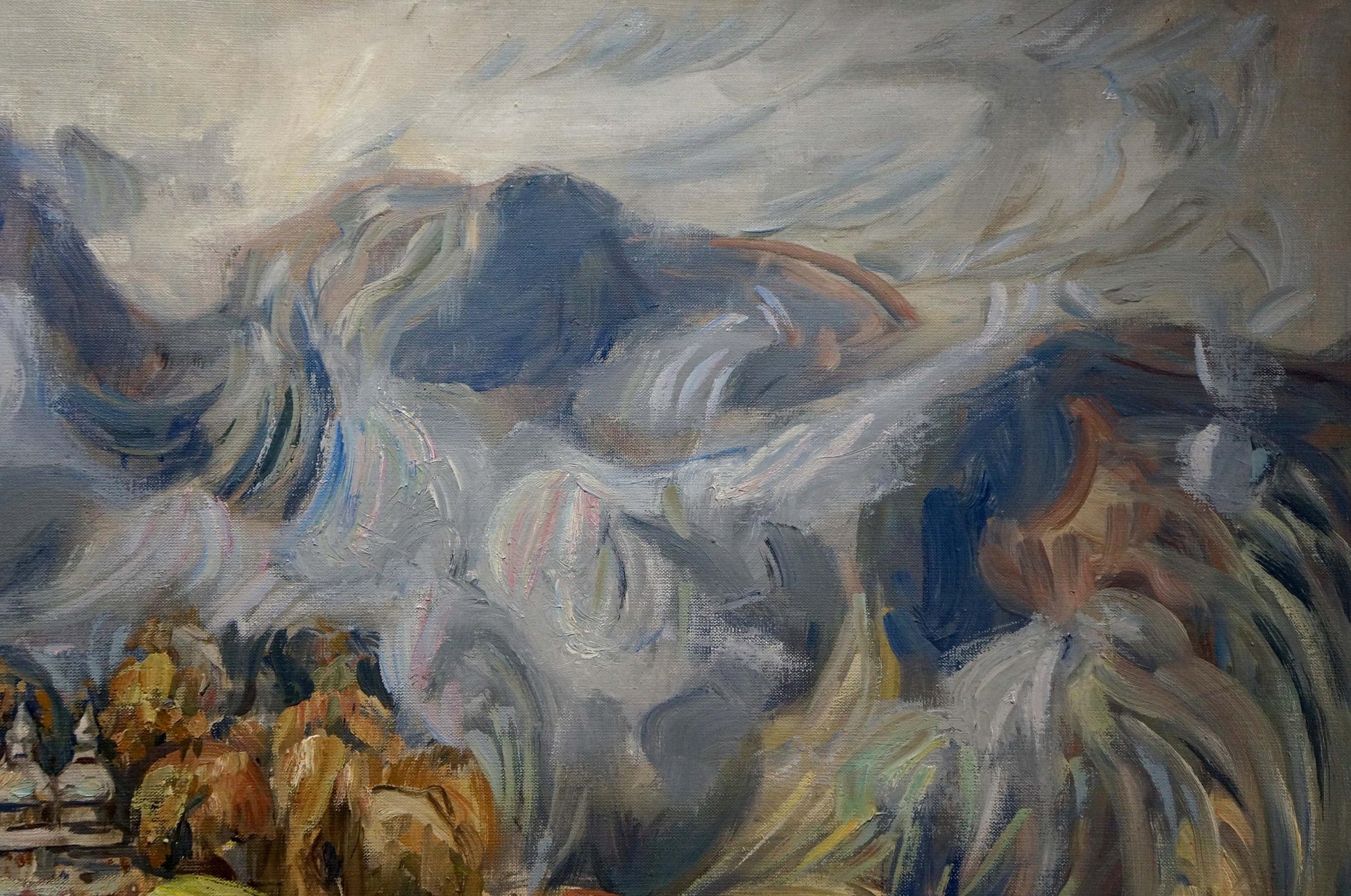 Abstract oil painting of rural landscape with turbulent blue waves