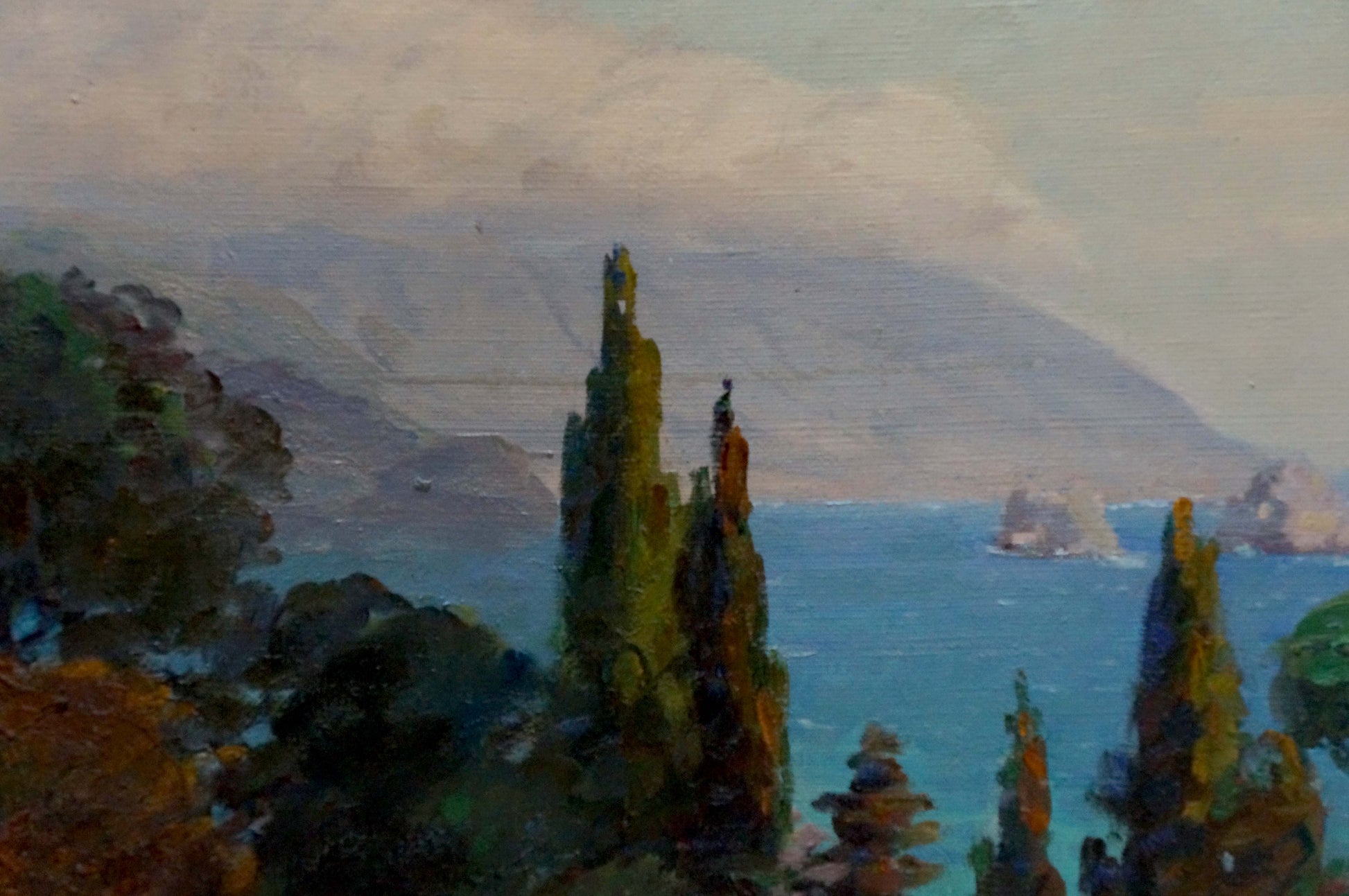 Oil painting Fog landscape by Kisel Ivan Gordeevich with cypress trees