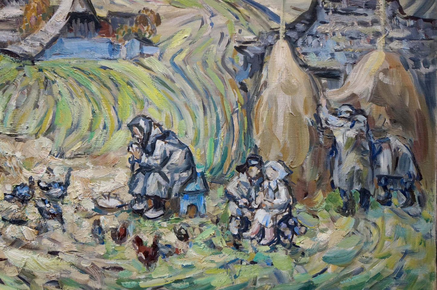 Abstract oil painting of rural landscape with figures in traditional attire