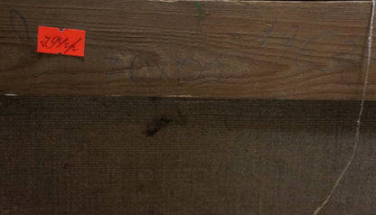 Back of Oil painting Fog landscape Kisel Ivan Gordeevich with worn wooden beam and red price tag