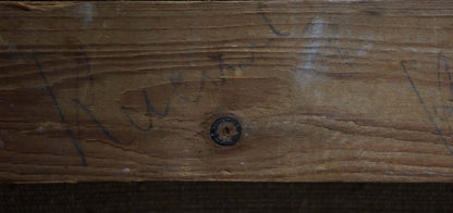 Back of oil painting Fog landscape Kisel Ivan Gordeevich: weathered plank, screw, pencil marks