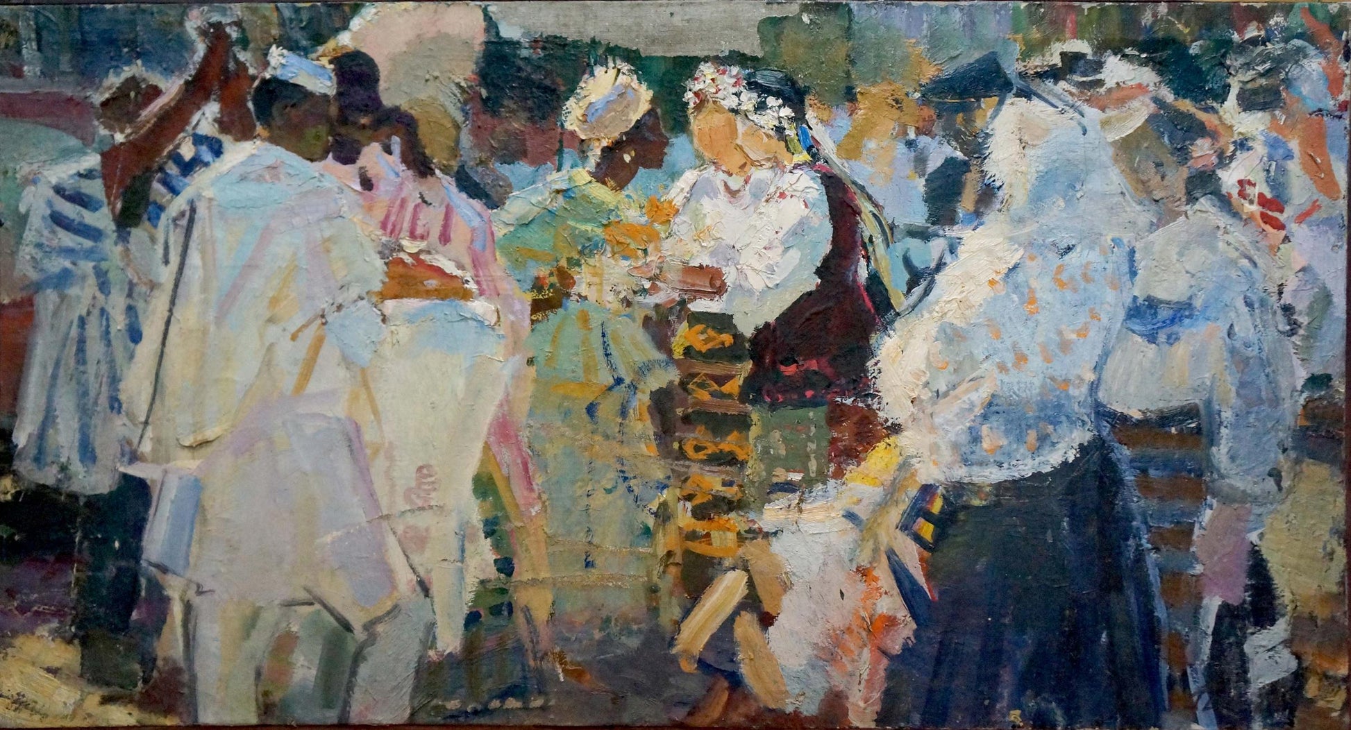 Vibrant impressionist oil painting by Konstantin Ivanovich Pokulity, lively wedding gathering