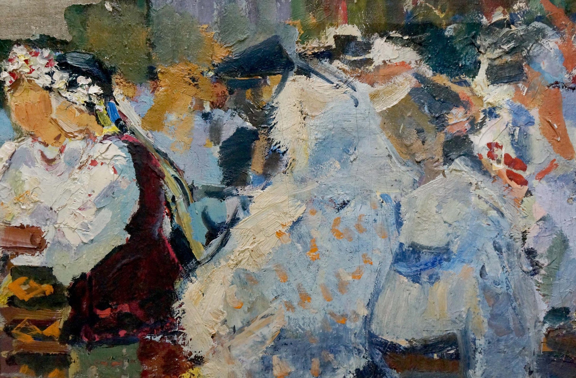 Oil painting Wedding Pokulity by Konstantin Ivanovich, textured blues whites red gold figures