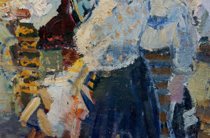 Oil painting by Konstantin Ivanovich Pokulity: textured figure in white-blue top, dark blue pants