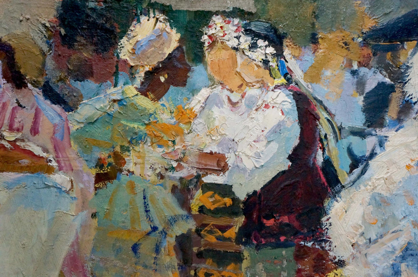 Vibrant impressionistic oil painting by Konstantin Ivanovich Pokulity, wedding figures