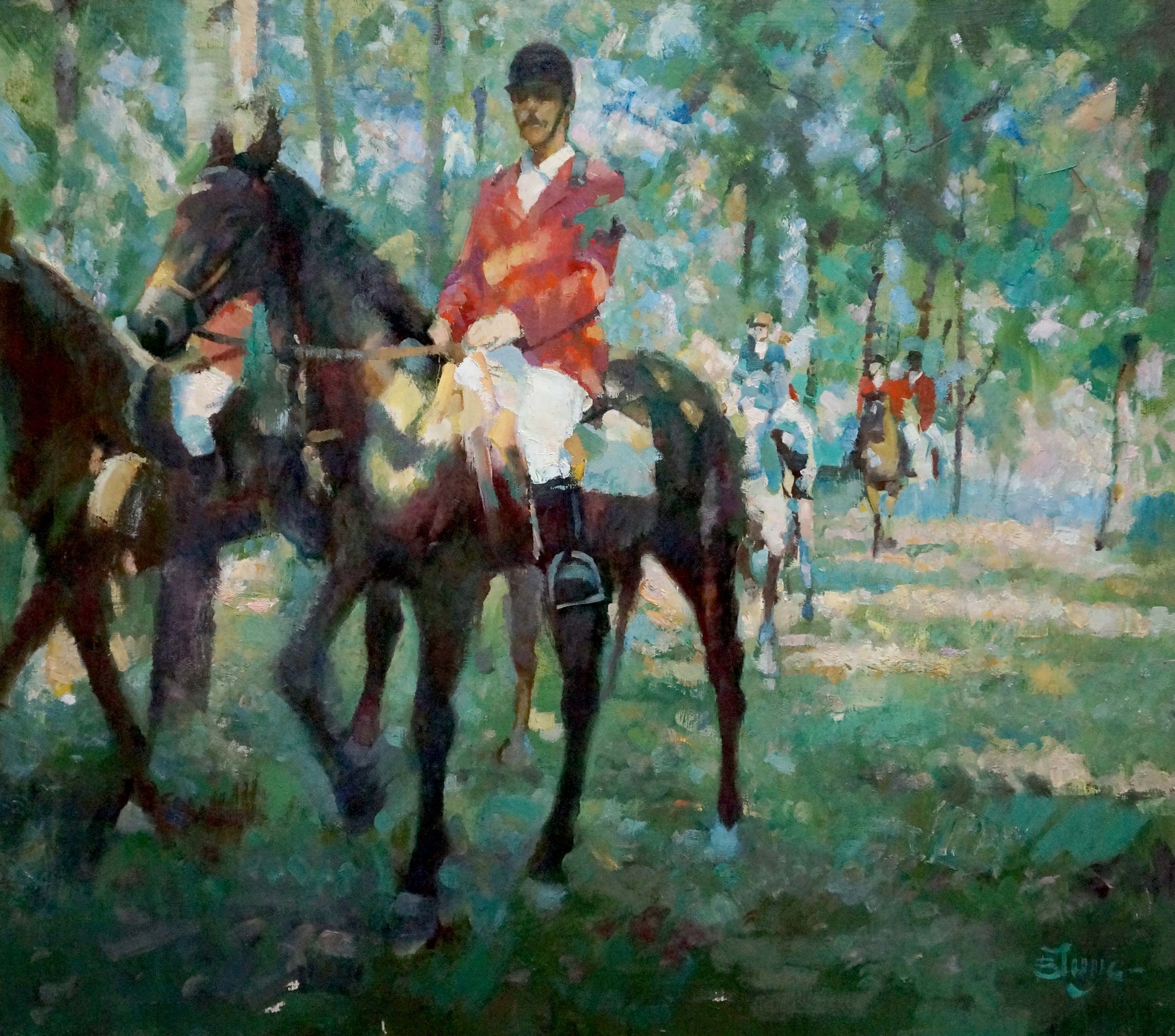 Oil painting by Chaus Victor Nikolaevich: rider in red jacket on dark horse in forest