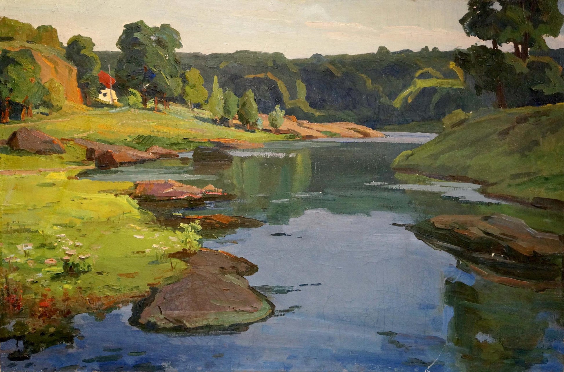 Serene oil painting of day dawn on tranquil river landscape in green hills