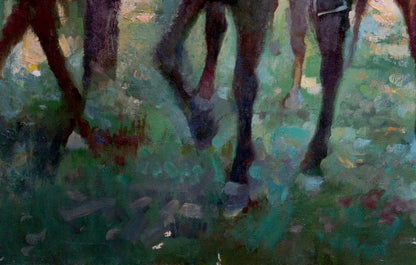 Impressionistic oil painting of horse legs in vibrant green field by Chaus Victor Nikolaevich