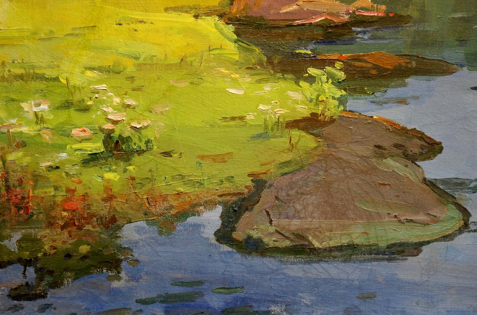 Oil painting of day dawn river landscape with rocky shoreline and reflections