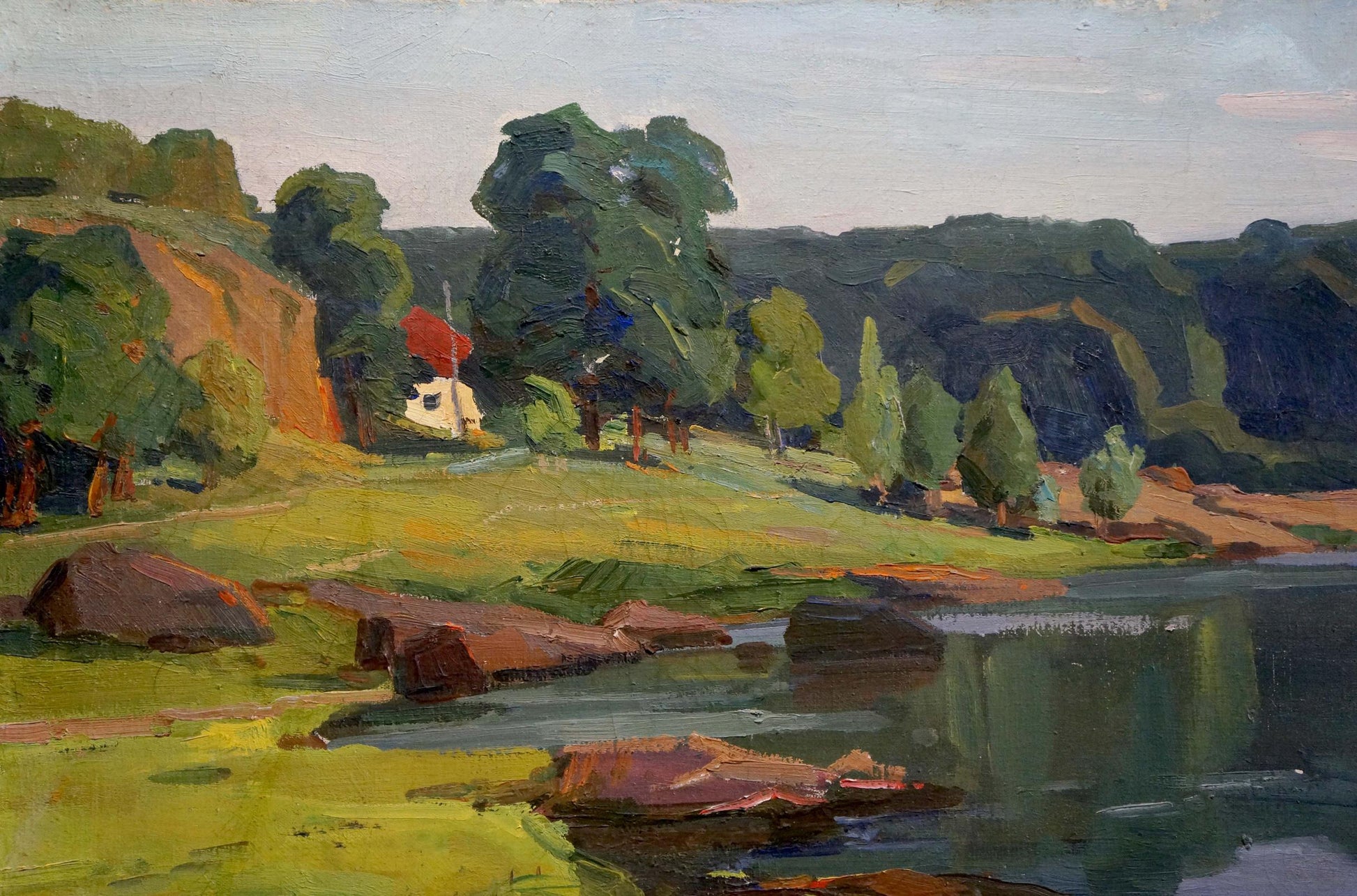 Serene oil painting Day dawn on a river landscape with lush hills and reflective water