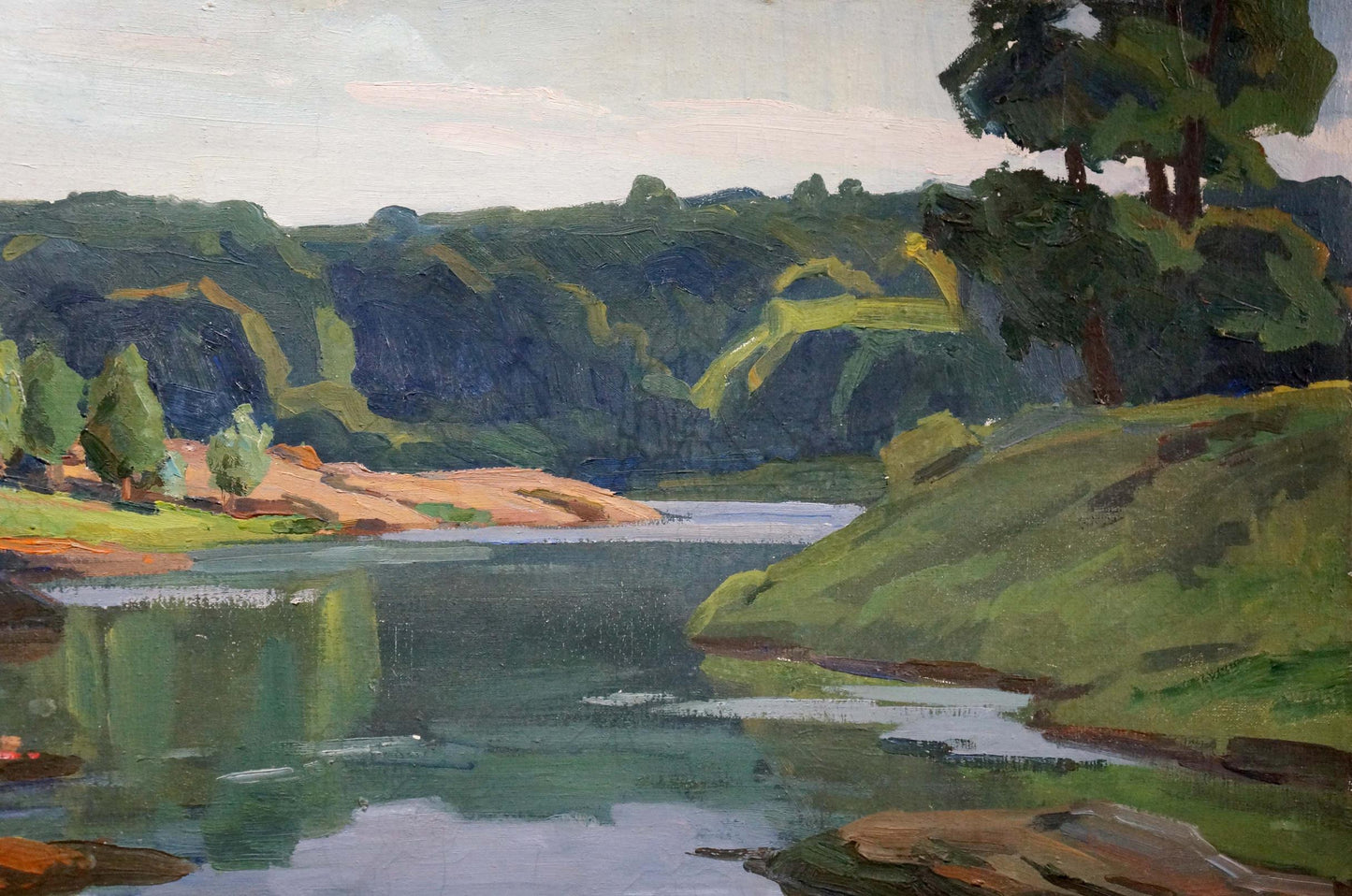 Serene impressionistic oil painting of day dawn on river landscape