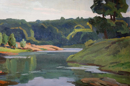 Serene impressionistic oil painting of day dawn on river landscape