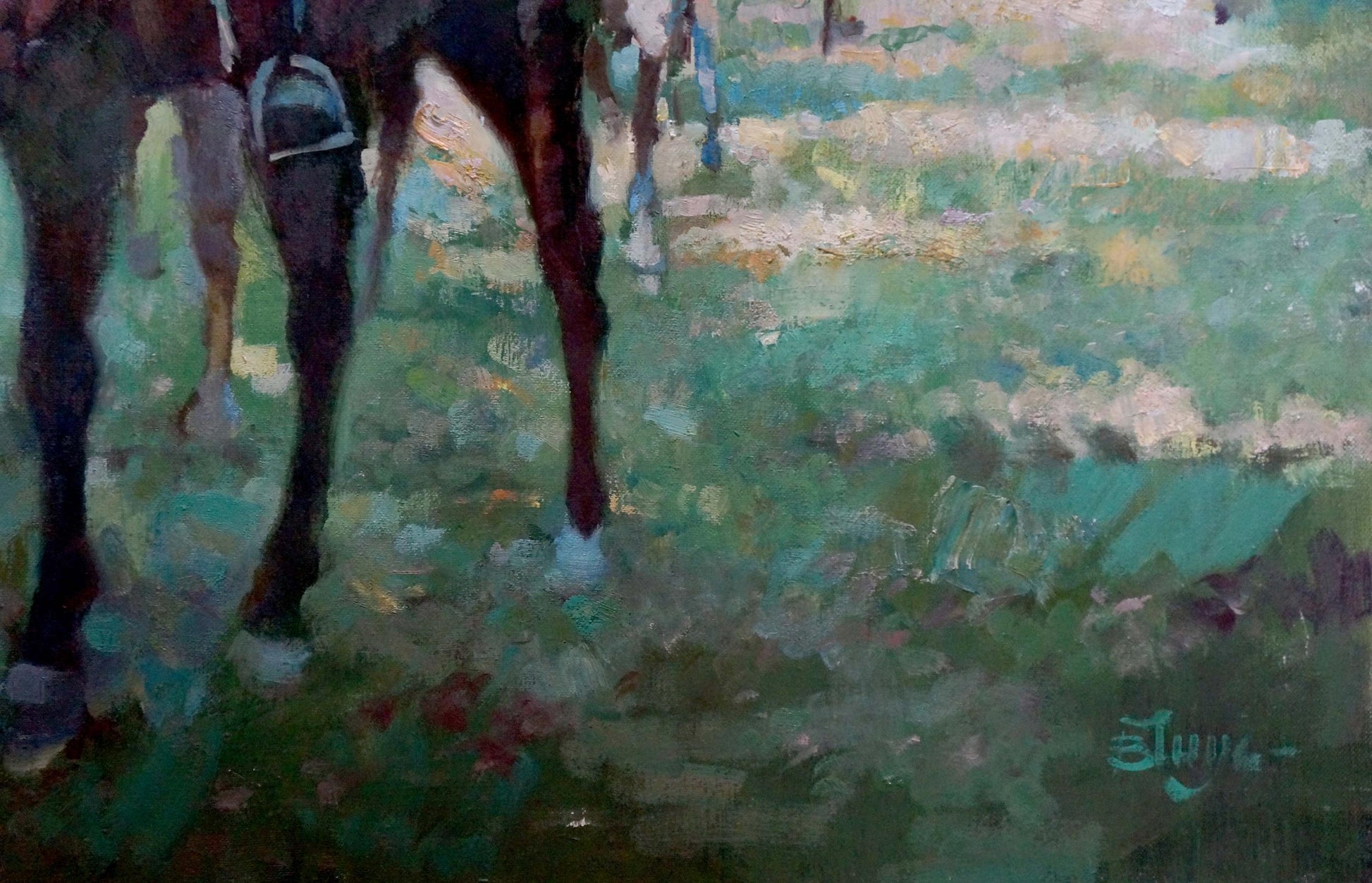 Textured oil painting of horse legs in field by Chaus Victor Nikolaevich