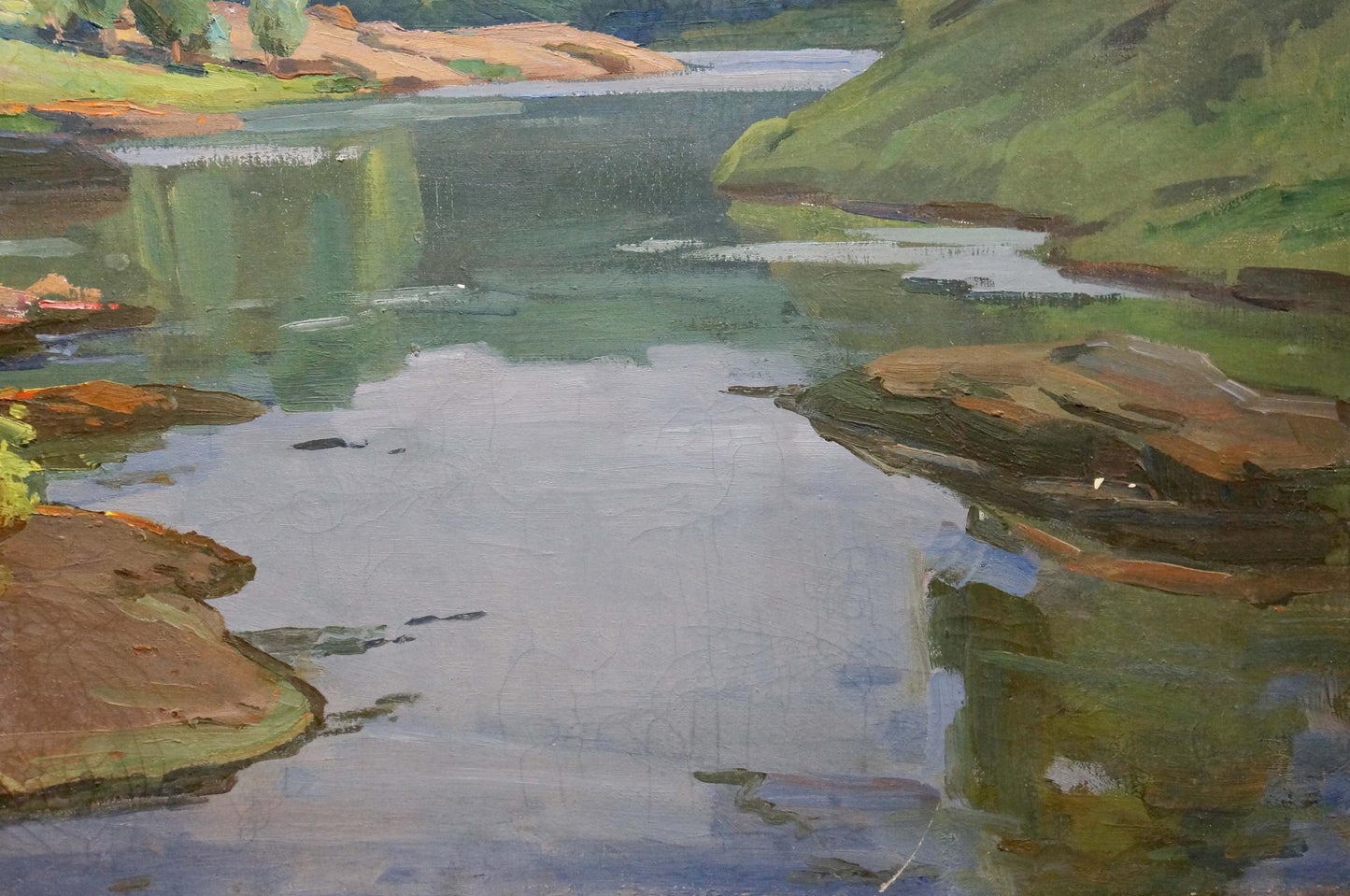 Oil painting of day dawn on serene river landscape with green hills