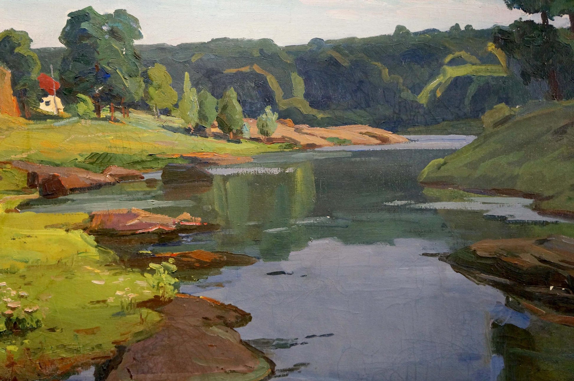 Serene impressionist oil painting of day dawn on river landscape