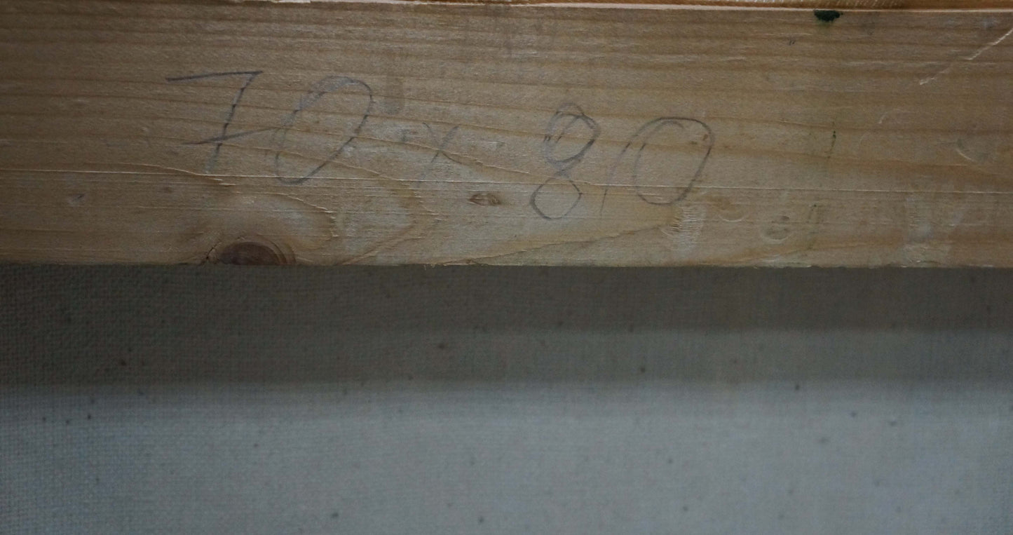 Back of oil painting portrait of soldier Chaus Victor Nikolaevich showing light brown wooden beam with 10 x 80 pencil markings