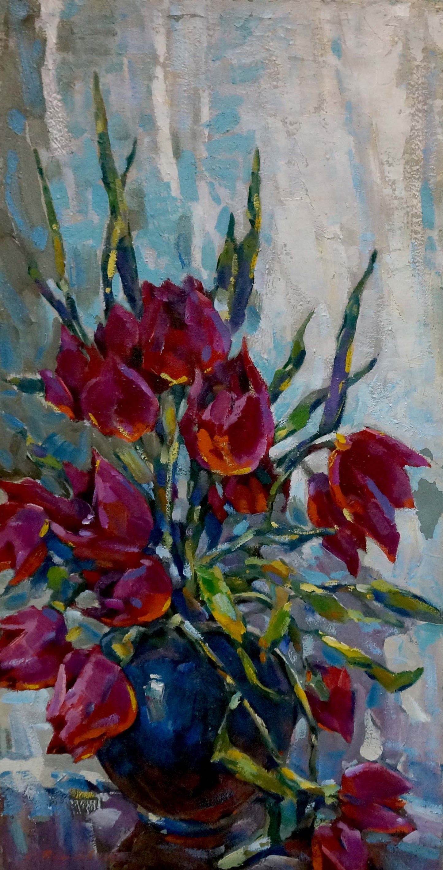 Oil painting of vibrant red orange tulips in blue vase by Bakaev Sergey Ivanovich