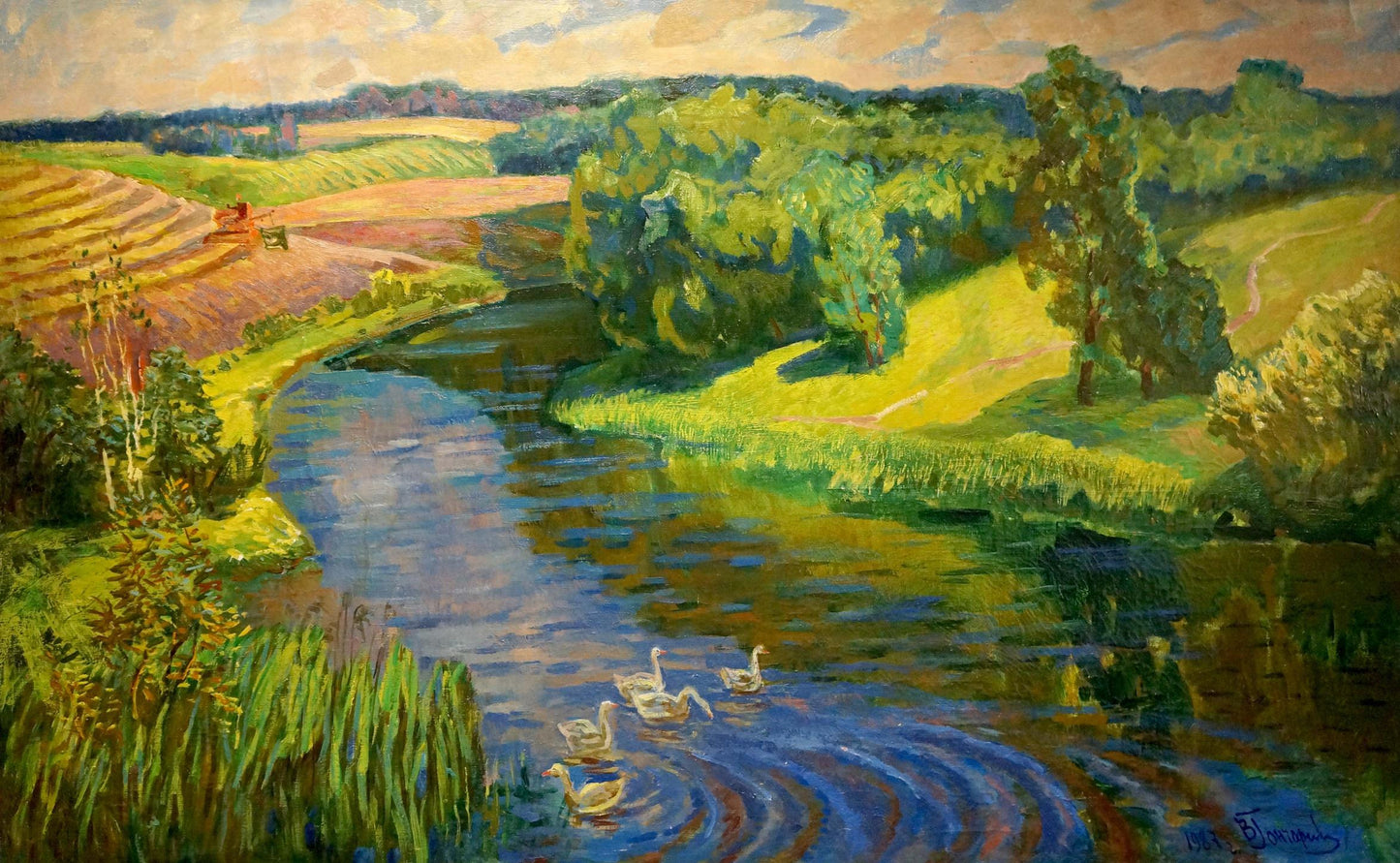 Serene oil painting of white geese swimming on winding river in lush fields