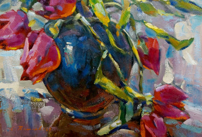 Oil painting of vibrant blue vase with pink orange tulips by Bakaev Sergey Ivanovich