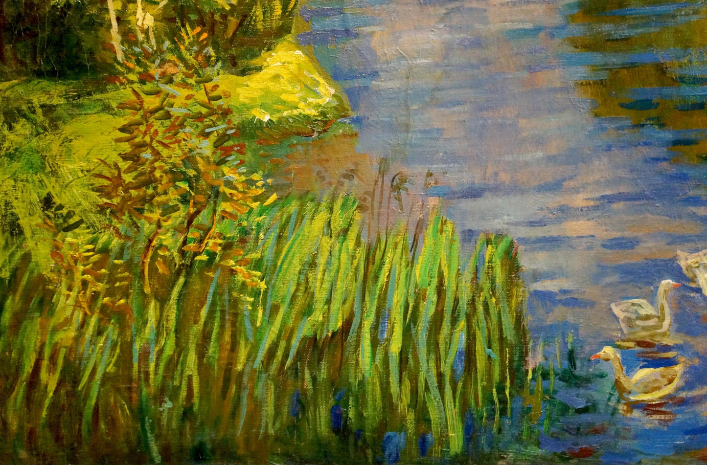 Oil painting of ducks swimming on river among green reeds, unknown artist